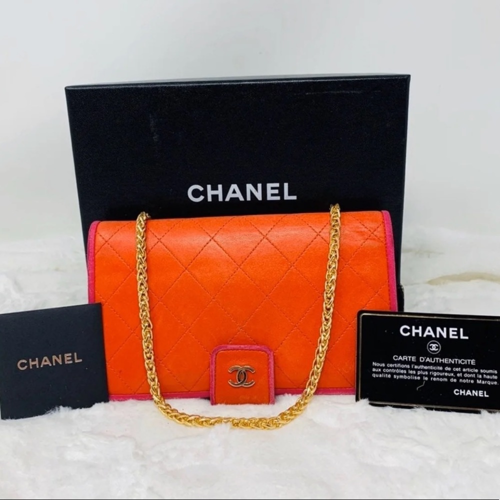 CHANEL Orange and Pink Quilted Lambskin Crossbody Bag with Gold Chain